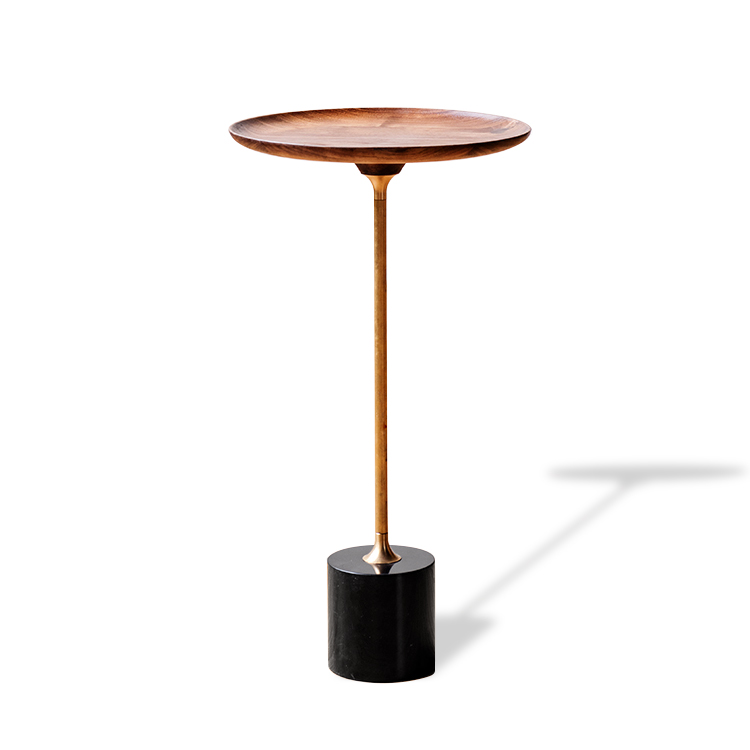 Walnut Wood Top Side Table with Brass support pole and black metal base-NOWA-China Office Furniture, China Custom Made Furniture,